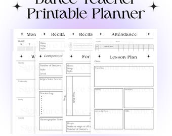 Op de afbeelding: Een afdrukbare dansleraarplanner met een witte achtergrond en een paarse gradiëntrand. De planner bevat secties voor lesplannen, aanwezigheid en recitalnotities. Tekst op de planner is "Dance Teacher Printable Planner" en "Digital Download."