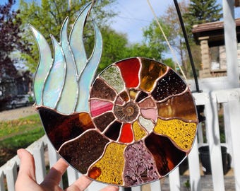 Stained Glass Ammonite with real fossil center.