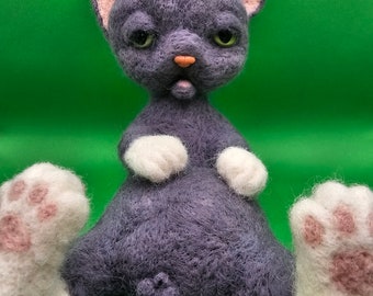 Needle felted comedy wool cat sculpture. Felt cat decoration ornament