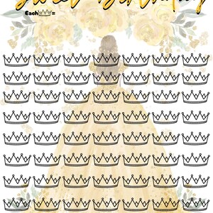 May include: A printable budget sheet with the words "Sweet Birthday" in gold script. The sheet features a watercolor illustration of a woman in a yellow dress, surrounded by yellow floral accents and numerous crown icons. The text "Each crown=" is also present.