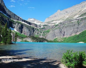 Grinnell Lake, Many Glacier Montana Landscape, Aqua water, Alpine Beauty, Rocky Mountains, Photograph or Greeting card
