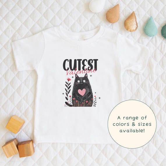 Cutest Valentine | Cute Black Cat Children's Sweet Valentine's Day Themed T-Shirt Gift For Kids & V-Day Short Sleeve Baby Onesie®