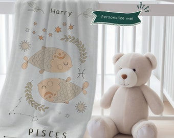 Custom Name Kid's Blanket  | Children's Personalized Pisces Horoscope Astrology Velveteen or Fleece Throw Birthday Gift For Baby & Toddler