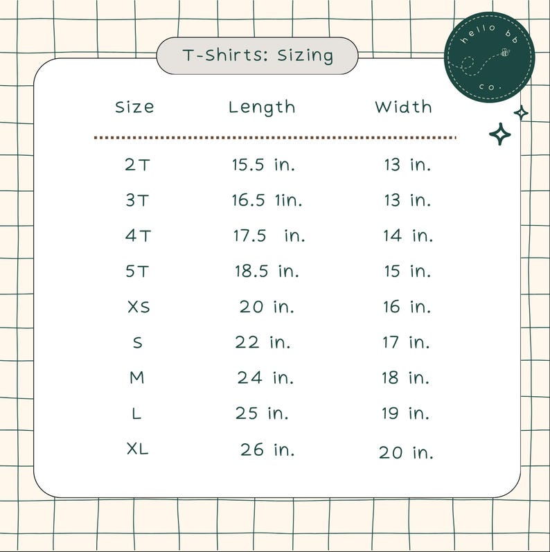 May include: A chart showing t-shirt sizing with measurements in inches. The chart lists sizes from 2T to XL, with corresponding length and width measurements.