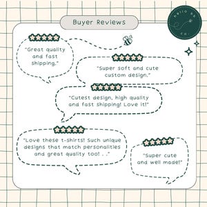 May include: A digital graphic featuring customer reviews for t-shirts. The reviews are in speech bubbles with star ratings. The text includes phrases like "Great quality," "Super soft," and "Cutest design." A bee and the words "hello bb co." are also present.