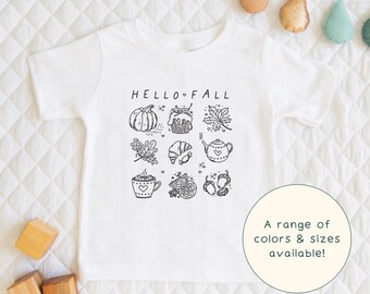 Hello Fall | Cute Children's T-Shirt Cozy Line Art Doodle Style Autumn Grid Gift For Kids & Fall-Lover Short Sleeve Cute Baby Onesie®