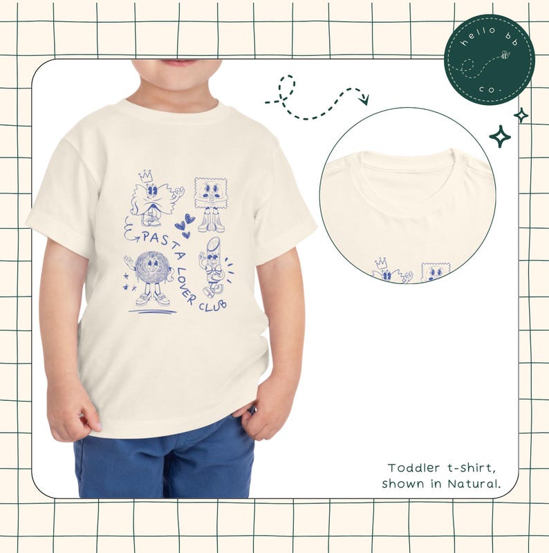 May include: A toddler-sized white t-shirt with a blue graphic of cartoon pasta characters. The graphic includes the text "Pasta Lover Club". The shirt is shown on a model wearing blue pants. The image also includes a close-up of the shirt's neckline and a logo for "hello bub co."