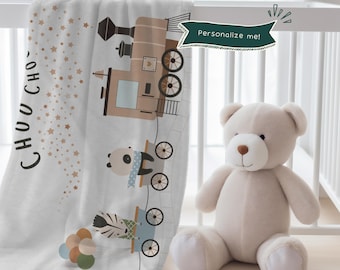 Kid's Custom Name Blanket | Children's Personalized Cute Animals Train Travel Adventure Choo Choo Baby Blanket Gift For Babies & Toddlers