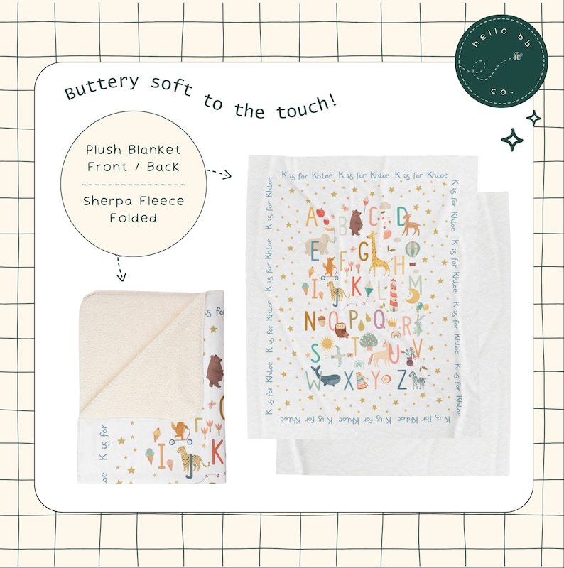 May include: A white plush blanket with a sherpa fleece backing. The blanket is folded in half and features a colorful alphabet print with animals and stars. The text "K is for Khloe" is repeated on the blanket.