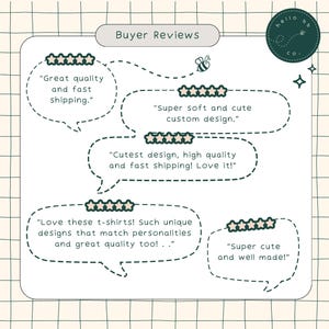 May include: A graphic with five customer reviews for a clothing shop. Each review includes a five-star rating and a short description of the customer's experience. The reviews highlight the quality, design, and shipping speed of the products.