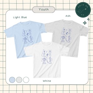 May include: Three youth-sized t-shirts in light blue, ash grey, and white. Each shirt features a blue and white graphic design with the text "Pasta Lover Club".