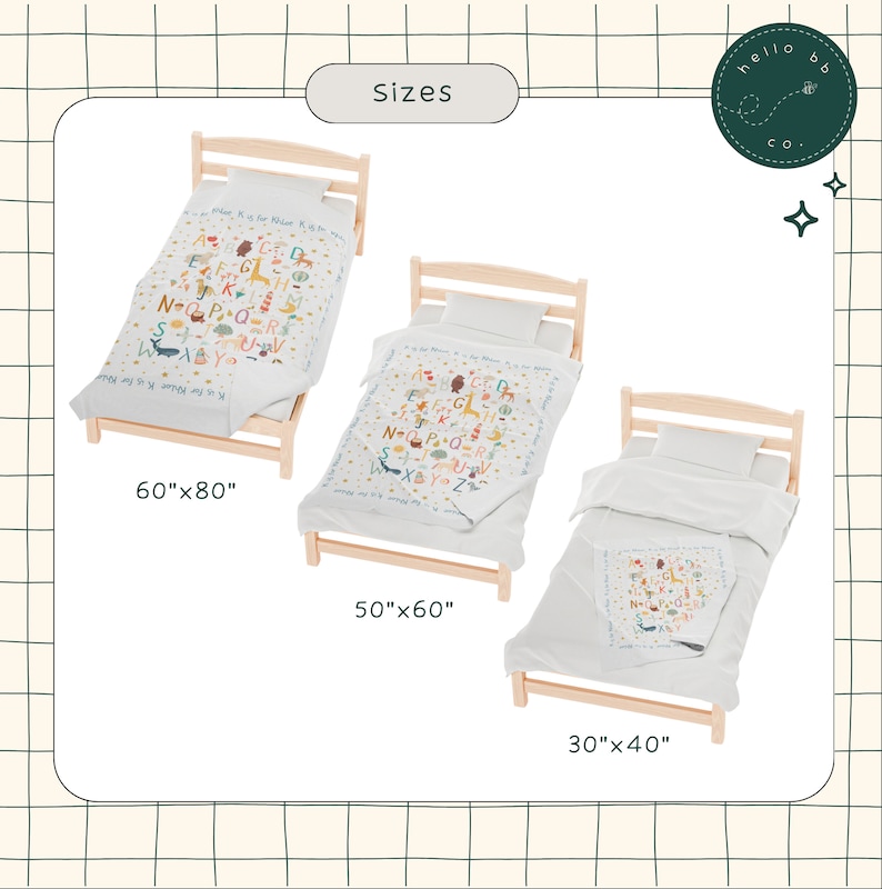 May include: Three wooden beds with white bedding and colorful alphabet print fabric. The beds are 60 inches by 80 inches, 50 inches by 60 inches, and 30 inches by 40 inches.