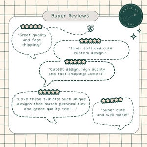 May include: A graphic with five customer reviews for a clothing shop. Each review features a five-star rating and a quote about the quality and design of the clothing. The reviews are written in a speech bubble with a dotted outline. The graphic also features a bee illustration and the text "hello bb co."