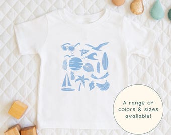 Coastal Collage | Cute Children's Summer Activity Vacay Blue T-Shirt Gift For Beach Kids, Adults & Short Sleeve Summer-Lover Baby Onesie®