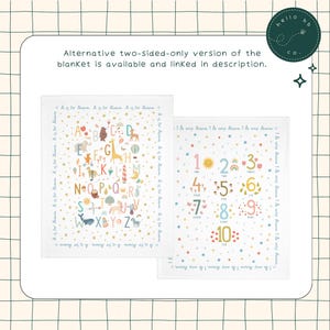 May include: Two-sided baby blanket with a white background and colorful illustrations. One side features the alphabet with animals and objects, and the other side features numbers 1-10 with corresponding illustrations. The text "A is for Alana" is repeated around the alphabet side, and "1 & only Alana" is repeated around the number side.