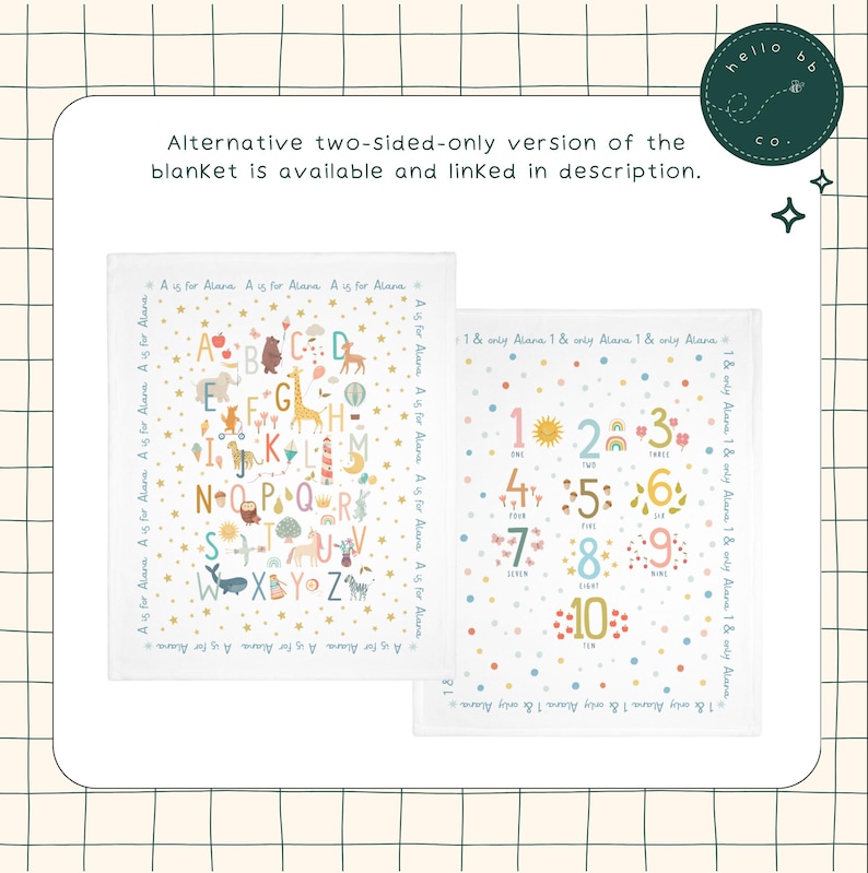 May include: Two-sided baby blanket with a white background and colorful illustrations. One side features the alphabet with animals and objects, and the other side features numbers 1-10 with corresponding illustrations. The text "A is for Alana" is repeated around the alphabet side, and "1 & only Alana" is repeated around the number side.