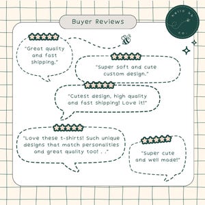 May include: A graphic with five customer reviews for t-shirts. Each review includes a five-star rating and a quote about the product. The quotes highlight the quality, design, and shipping speed of the t-shirts.