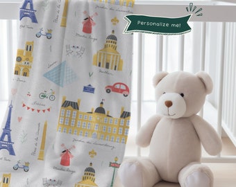 Kid's Custom Name Blanket | Children's Personalized Fun Colorful Parisian French Velveteen or Fleece Throw Gift For Babies, Toddlers, Youth