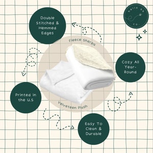 May include: A white fleece sherpa and a white velveteen plush blanket are folded and displayed on a grid background. The blankets are described as "Cozy All Year-Round" and have features like "Double Stitched & Hemmed Edges", "Easy To Clean & Durable", and "Printed in the U.S."