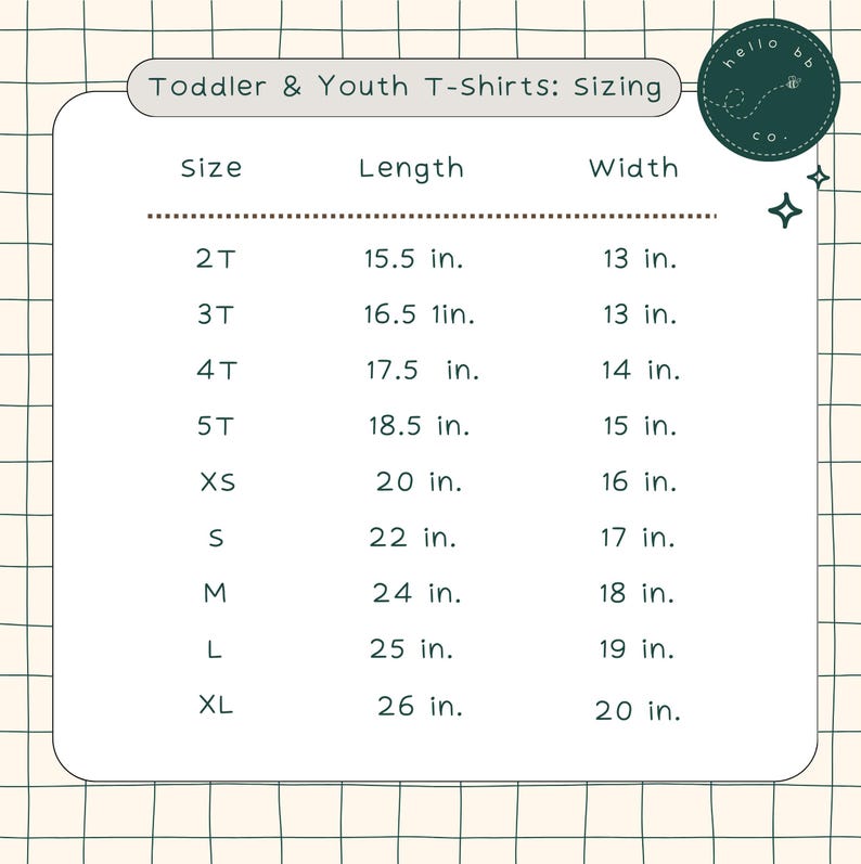 May include: A chart showing toddler and youth t-shirt sizing in inches. The chart lists sizes from 2T to XL, with corresponding length and width measurements.