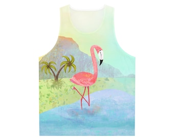 Flamingo Watercolor, Unisex Tank Top, All-Over Print, Original Art, Tropical Scene