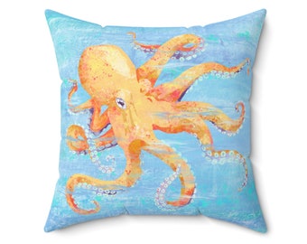 Octopus Watercolor, Decorative Square Pillow, Animalia, Ocean Creatures, Original Art, Fun Animal Pillow