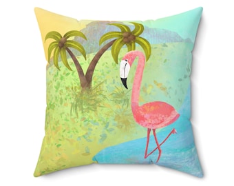 Flamingo Watercolor Pillow: Tropical Bird Art, Decorative Square Cushion
