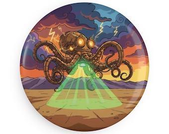 Steampunk Octopus UFO Button Magnet | BlakOpal Original Artwork