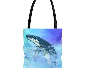 Blue Whale Watercolor Art Tote Bag: Eco-Friendly Ocean Lover Shopper