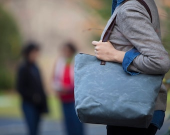 WAXED CANVAS Unisex Tote Bag with Leather Straps - Large Tote Bag, Shoulder Bag - Handmade - Gray - Free Domestic Shipping