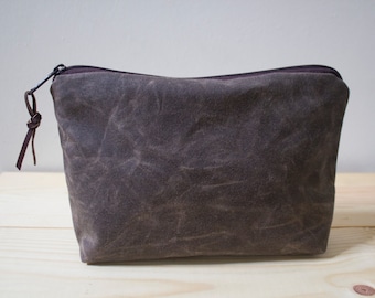 WAXED CANVAS - Unisex  Dark Oak Zippered Pouch, Clutch, Gadget Bag, Toiletry Bag, Cosmetic Bag - Padded and weather resistant