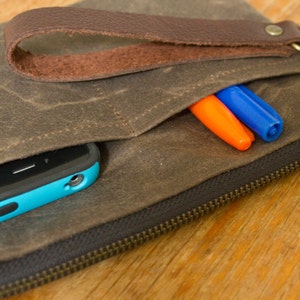 WAXED CANVAS Wrislet, Murse Men&#39;s Bag, Wallet, Small Bag with Detachable wrist Handle Optional - Dark Oak - Available in 7 colors
