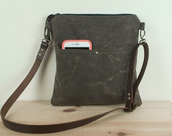 WAXED CANVAS  Day Bag, Cross Body Bag, Messenger Bag with Leather Strap, Made in USA - Free Domestic Shipping