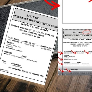 Op de afbeelding: Een nep autoverzekeringskaart met de tekst "State of Insurance Identification Card" en "Kennedy Valley Insurance Group". De kaart toont polisgegevens, data en een disclaimer.