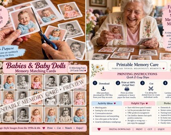 Dementia Memory Game, Baby Matching Cards, Alzheimer’s Activities, Printable Games for Seniors, Memory Care Activity Impairment Elderly