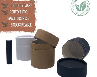 May include: Set of 50 biodegradable jars, perfect for small businesses. The image shows three jars, one white, one brown, and one black. The jars are made of cardboard and have a round shape. The jars are stacked on top of each other.