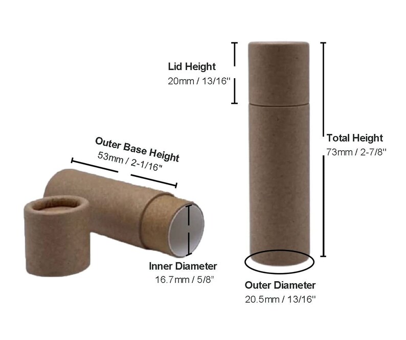 May include: A brown cardboard tube with a lid. The tube is 2-7/8 inches tall and has an outer diameter of 13/16 inches. The inner diameter is 5/8 inches. The lid is 13/16 inches tall.