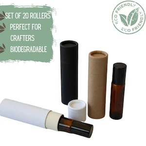 May include: Set of 20 empty roller bottles, ideal for crafters. The bottles are made from biodegradable materials and come in black, brown, and white. The text "Set of 20 Rollers Perfect for Crafters Biodegradable" is visible on the image.