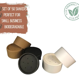 May include: Set of 50 biodegradable paper shakers, perfect for small businesses. The shakers are shown in brown, black, and white.
