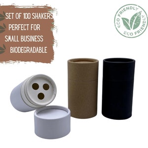 Peut inclure: Ensemble de 100 tubes en carton biodégradable avec un couvercle à vis. Les tubes sont disponibles en blanc, brun et noir. Le texte "Set of 100 Shakers, Perfect for Small Business, Biodegradable" est visible sur l'image.