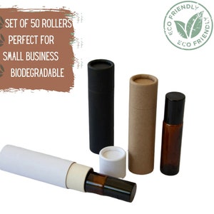 May include: Set of 50 empty roller bottles, ideal for small businesses. The bottles are made from biodegradable cardboard and come in black, brown, and white. The image also shows a brown glass roller bottle with a black cap.