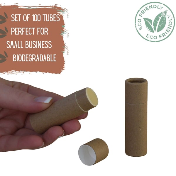 100 tubos de bálsamo labial ecológicos, 0,3 oz, 8,5 g, envase cosmético push up de papel Kraft a granel, embalaje ecológico compostable al por mayor