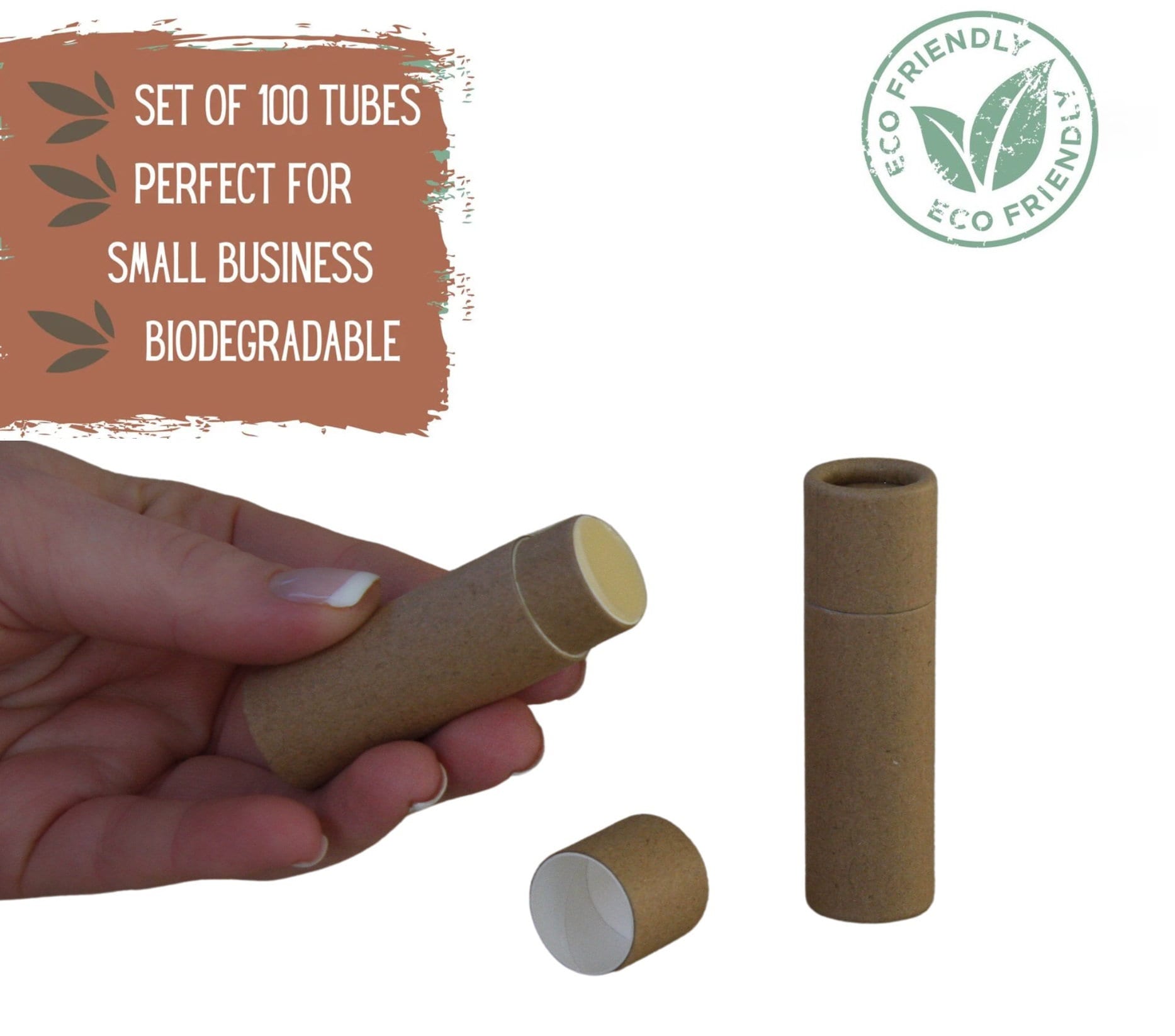 100 Eco Friendly Lip Balm Tubes .3oz 8.5g, Bulk Kraft Paper Push Up Cosmetic Container, Wholesale Compostable Eco Friendly Packaging