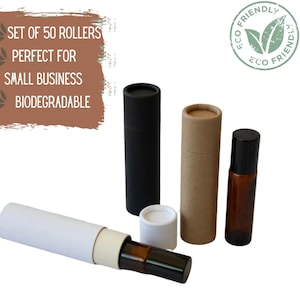 May include: Set of 50 empty roller bottles, ideal for small businesses. The bottles are made from biodegradable cardboard and come in black, brown, and white. The image also shows a brown glass roller bottle with a black cap.