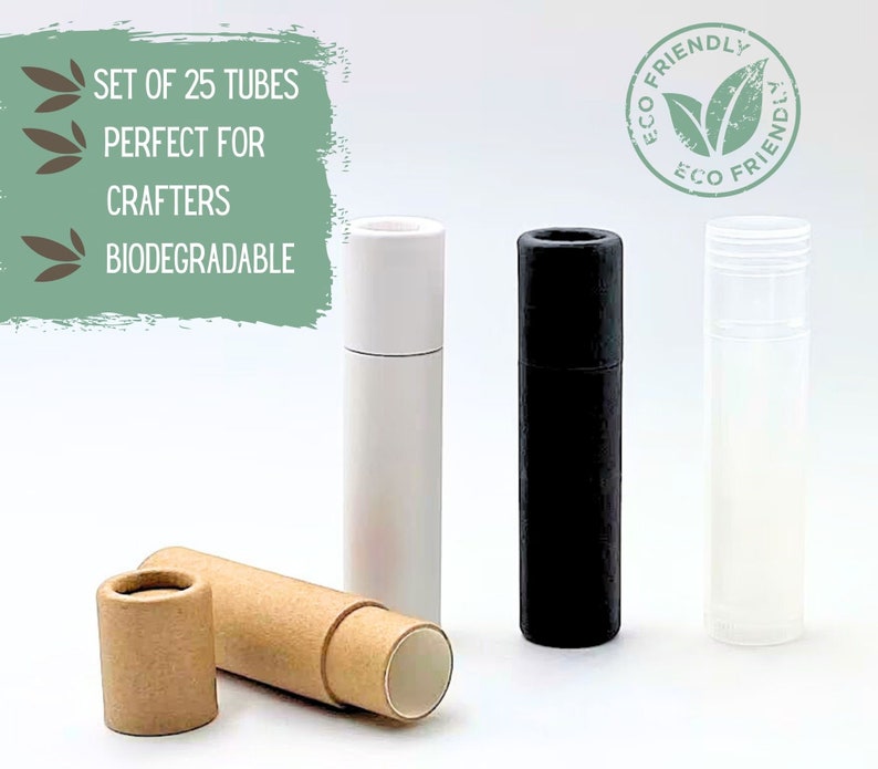 May include: Set of 25 empty tubes for crafting. The tubes are made of biodegradable materials and come in white, black, and clear. The tubes are perfect for storing lip balm, lotion, or other small items.