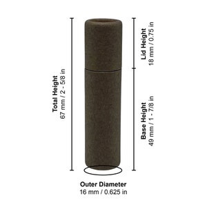 May include: A brown cardboard tube with a lid, measuring 2-5/8 inches tall and 0.625 inches in diameter. The tube is divided into two sections, with the base measuring 1-7/8 inches tall and the lid measuring 0.75 inches tall.