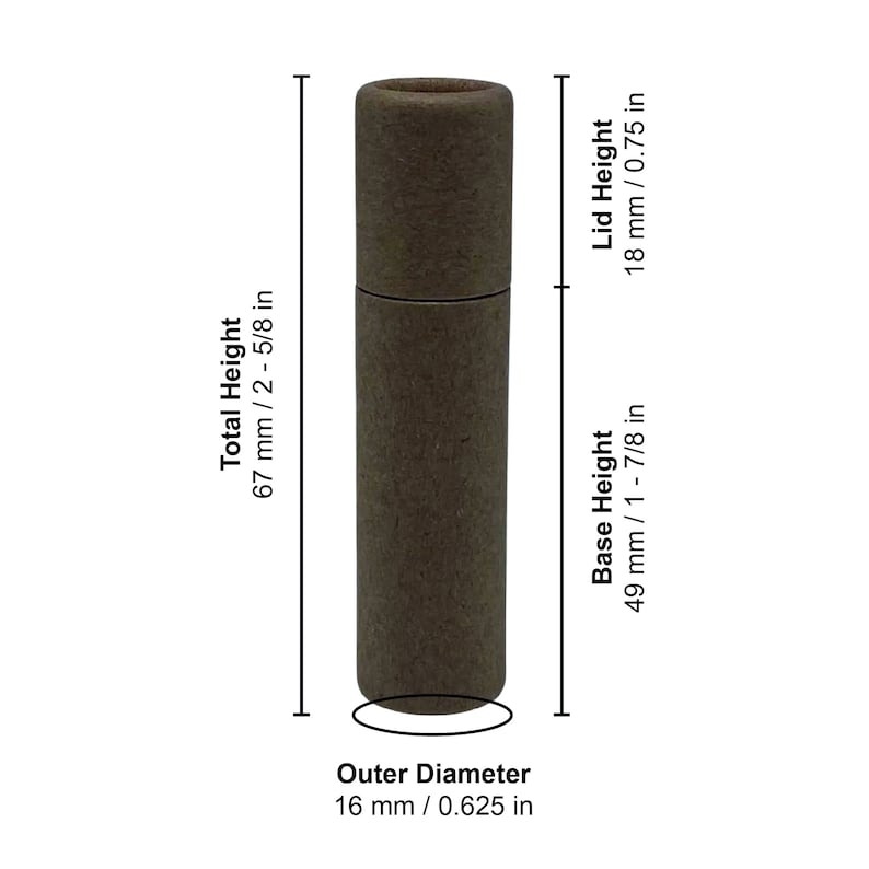 May include: A brown cardboard tube with a lid, measuring 2-5/8 inches tall and 0.625 inches in diameter. The tube is divided into two sections, with the base measuring 1-7/8 inches tall and the lid measuring 0.75 inches tall.