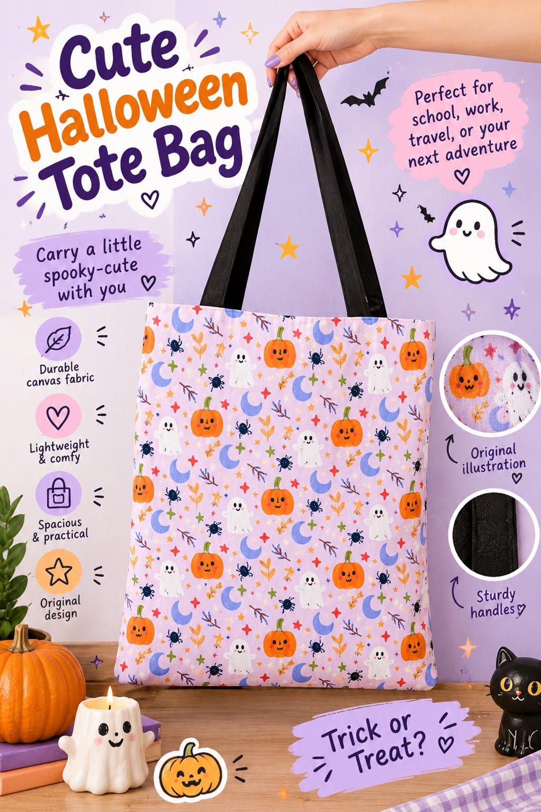 Pastel Halloween Tote Bag | Cute Pumpkin Ghost Pattern Bag | Spooky ...