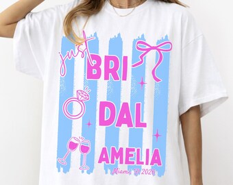 Personalized Miami Bachelorette Shirt, Custom Bride Name Tee, Y2K Hot Pink Bridal Party, Comfort Colors Bach Trip Group Matching Shirts