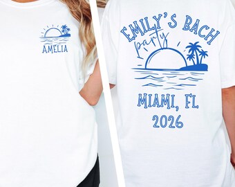 Custom Beach Bachelorette Shirts Miami, Personalized Bridesmaid Tees, Comfort Colors Coastal Bach Trip Group, Tropical Bridal Party Sunset